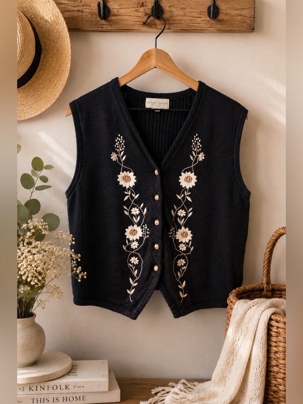 Christopher & Banks Black Embroidered Floral Sweater Vest Size L